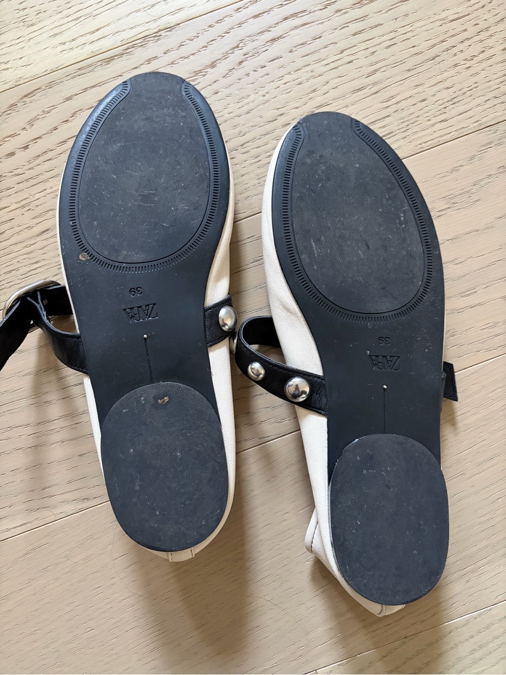 Zara Cream Leather Studded Mary Jane Ballet Flats EU 39 US 8.5 Buckle Balletcore - Picture 8 of 10